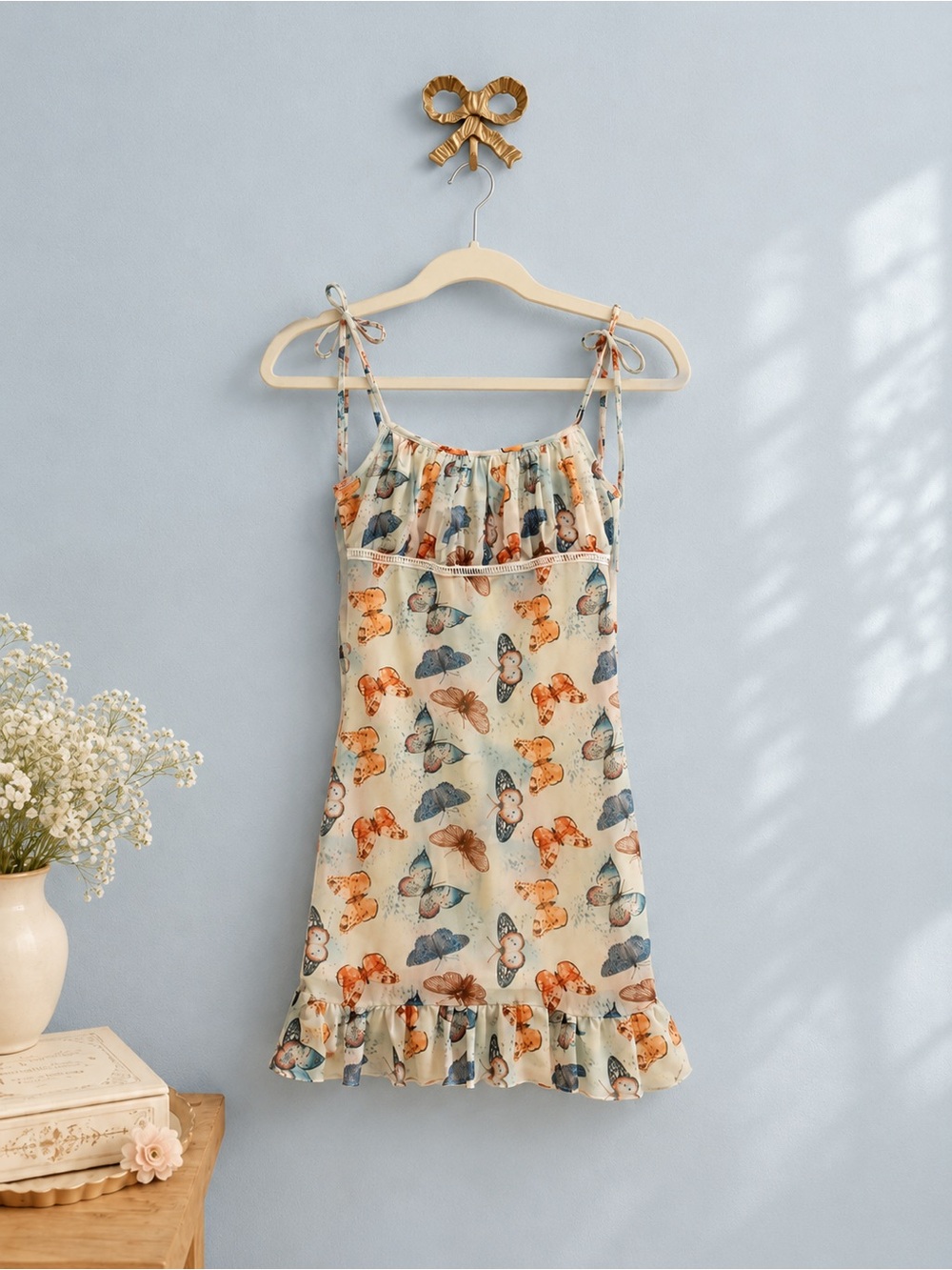 CBR Cream Butterfly Print Tie-Strap Ruffle Dress
